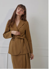 Tailored Linen Blazer with Notched Lapels and Waist Tie Belt for Soft-Structured Elegance