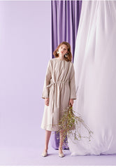 Cinched Waist Cotton Poplin Midi Dress for Women with Long Sleeves and Relaxed Silhouette