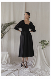 Square Neck Linen Midi Dress with Ruched Bodice and Puff Sleeves