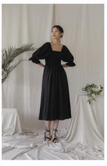 Square Neck Linen Midi Dress with Ruched Bodice and Puff Sleeves