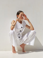 Asymmetric Button-Front Linen Top with Side Tie Detail and Draped One-Shoulder Neckline