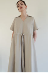 Linen Midi Dress with V-Neckline, Gathered Waist Detail, and Short Relaxed Sleeves