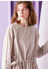 Cinched Waist Cotton Poplin Midi Dress for Women with Long Sleeves and Relaxed Silhouette