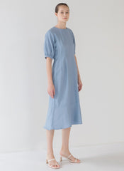 Flowy Linen Midi Dress with Puff Half Sleeves and Feminine Flared Hem Detail