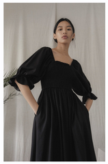 Square Neck Linen Midi Dress with Ruched Bodice and Puff Sleeves