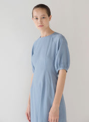 Flowy Linen Midi Dress with Puff Half Sleeves and Feminine Flared Hem Detail