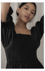 Square Neck Linen Midi Dress with Ruched Bodice and Puff Sleeves