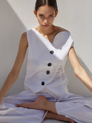 Asymmetric Button-Front Linen Top with Side Tie Detail and Draped One-Shoulder Neckline