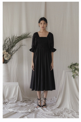 Square Neck Linen Midi Dress with Ruched Bodice and Puff Sleeves