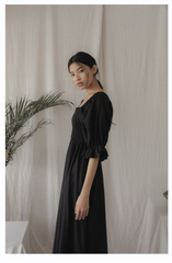 Square Neck Linen Midi Dress with Ruched Bodice and Puff Sleeves