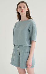 High-Waisted Linen Shorts with Front Patch Pockets and Button Detail for Women