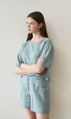 High-Waisted Linen Shorts with Front Patch Pockets and Button Detail for Women