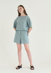 High-Waisted Linen Shorts with Front Patch Pockets and Button Detail for Women