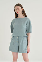 High-Waisted Linen Shorts with Front Patch Pockets and Button Detail for Women