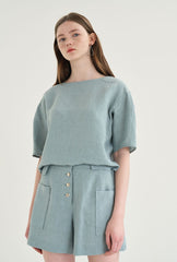 High-Waisted Linen Shorts with Front Patch Pockets and Button Detail for Women