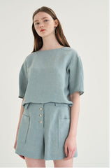 High-Waisted Linen Shorts with Front Patch Pockets and Button Detail for Women