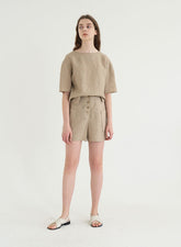 High-Waisted Tailored Linen Shorts with Patch Pockets and Button Front Closure