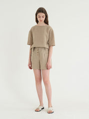 High-Waisted Tailored Linen Shorts with Patch Pockets and Button Front Closure