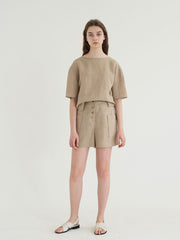 High-Waisted Tailored Linen Shorts with Patch Pockets and Button Front Closure