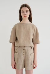 High-Waisted Tailored Linen Shorts with Patch Pockets and Button Front Closure