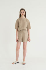 High-Waisted Tailored Linen Shorts with Patch Pockets and Button Front Closure