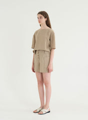 High-Waisted Tailored Linen Shorts with Patch Pockets and Button Front Closure