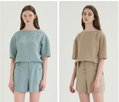 High-Waisted Tailored Linen Shorts with Patch Pockets and Button Front Closure
