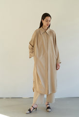 Relaxed Linen Blend Belted Coat Dress with Covered Placket and Draped Back Pleat Detail