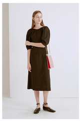 A-Line Linen Dress With Gathered Neckline And Elbow-Length Sleeves