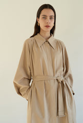 Relaxed Linen Blend Belted Coat Dress with Covered Placket and Draped Back Pleat Detail