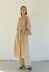 Relaxed Linen Blend Belted Coat Dress with Covered Placket and Draped Back Pleat Detail