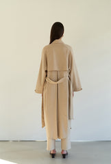 Relaxed Linen Blend Belted Coat Dress with Covered Placket and Draped Back Pleat Detail