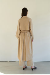 Relaxed Linen Blend Belted Coat Dress with Covered Placket and Draped Back Pleat Detail