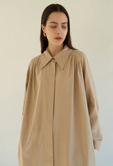 Relaxed Linen Blend Belted Coat Dress with Covered Placket and Draped Back Pleat Detail