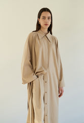 Relaxed Linen Blend Belted Coat Dress with Covered Placket and Draped Back Pleat Detail
