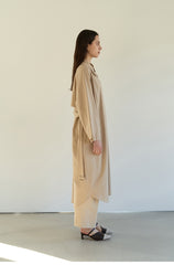Relaxed Linen Blend Belted Coat Dress with Covered Placket and Draped Back Pleat Detail