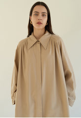 Relaxed Linen Blend Belted Coat Dress with Covered Placket and Draped Back Pleat Detail