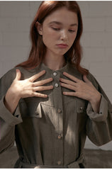 Minimalist Linen Shirt Blazer Dress for Women with Belted Waist and Chest Pockets – Versatile Fit