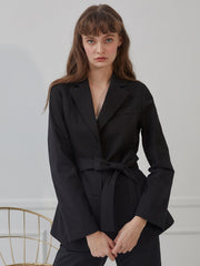 Notched Lapel Linen Blazer with Waist Tie and Tailored Fit for Elevated Everyday Layering