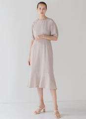 Relaxed Fit Linen Midi Dress with Puff Half Sleeves and Flared Hemline Detail