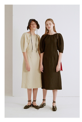 Linen Midi Dress With Puff Sleeves And Open Back Detailing