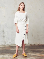 High-Waisted Button-Front A-Line Skirt In Breathable Premium Linen Fabric For Elegant Wear