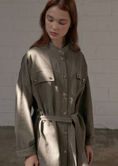 Minimalist Linen Shirt Blazer Dress for Women with Belted Waist and Chest Pockets – Versatile Fit