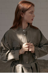 Minimalist Linen Shirt Blazer Dress for Women with Belted Waist and Chest Pockets – Versatile Fit