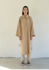 Relaxed Linen Blend Belted Coat Dress with Covered Placket and Draped Back Pleat Detail