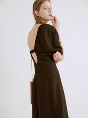 A-Line Linen Dress With Gathered Neckline And Elbow-Length Sleeves