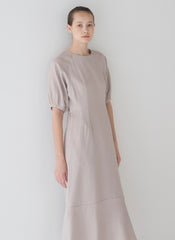 Relaxed Fit Linen Midi Dress with Puff Half Sleeves and Flared Hemline Detail