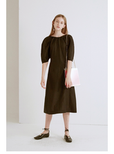 A-Line Linen Dress With Gathered Neckline And Elbow-Length Sleeves