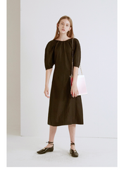 A-Line Linen Dress With Gathered Neckline And Elbow-Length Sleeves