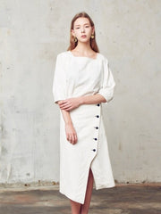 High-Waisted Button-Front A-Line Skirt In Breathable Premium Linen Fabric For Elegant Wear